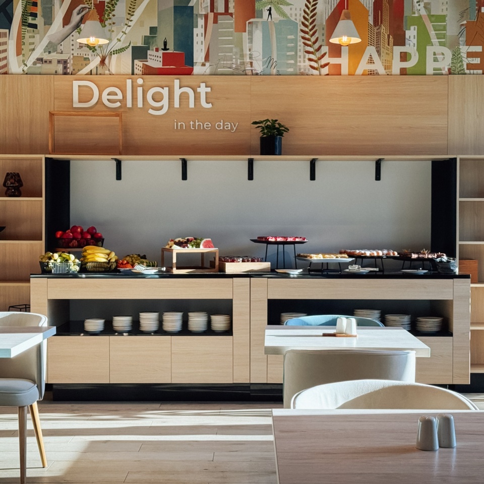 Jasna jadalnia z bufetem oferującym świeże owoce i słodkości, nowoczesne meble i dekoracje ścienne z napisem Delight