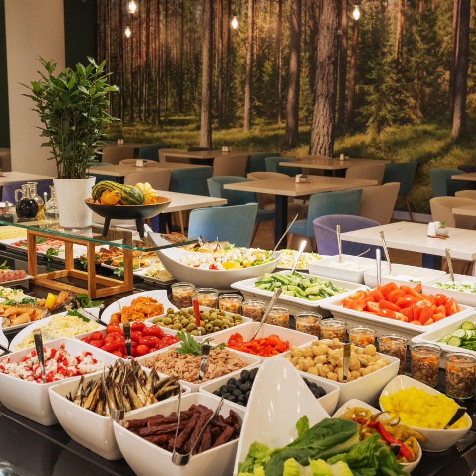 Bufet restauracyjny z różnorodnymi sałatkami, świeżymi warzywami i przystawkami w jadalni z motywem leśnym na ścianie.