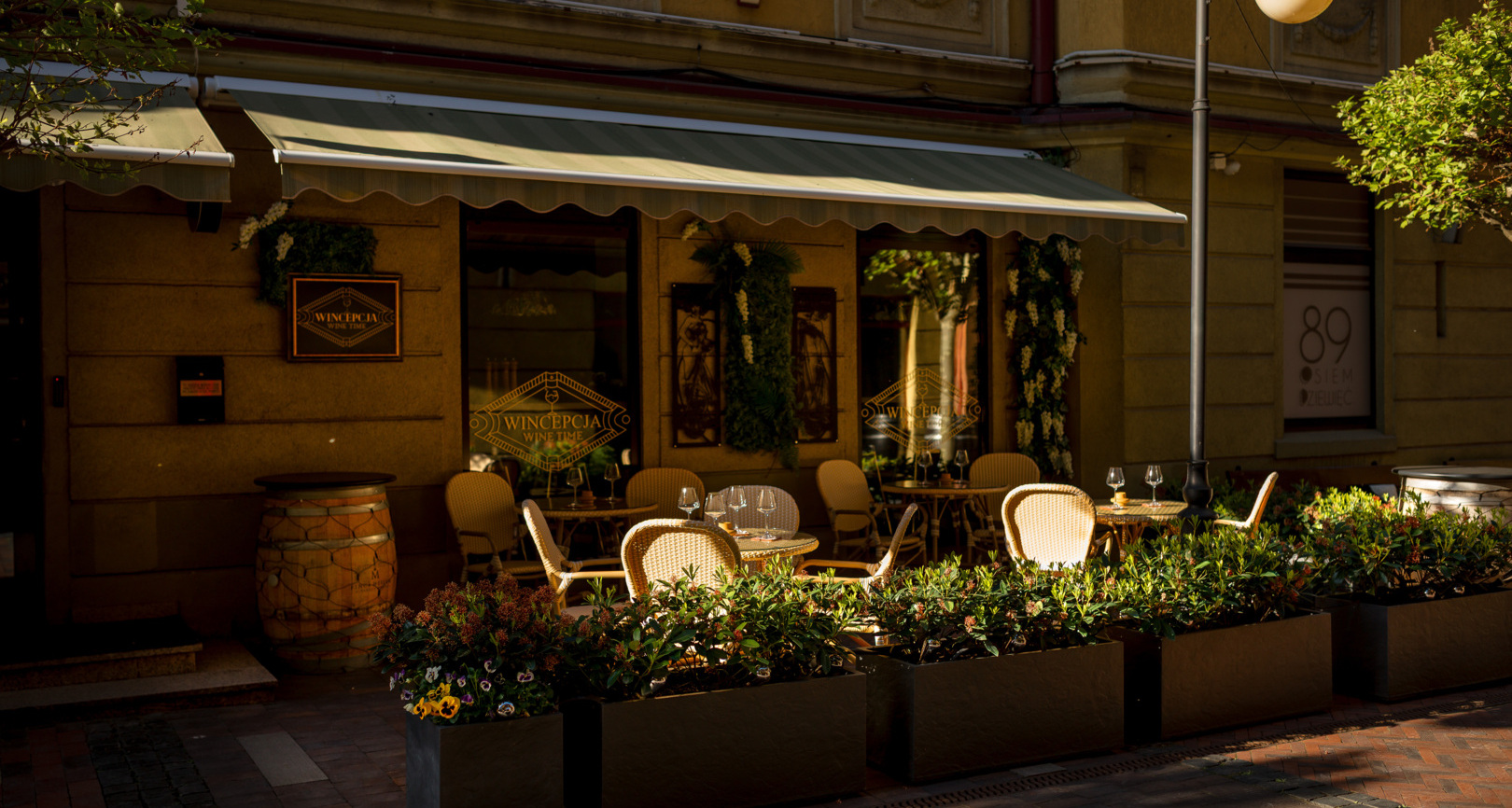 Charming winery garden with green plants, wicker chairs at wooden tables and subtle lighting.
