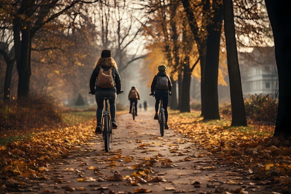 Drei Radfahrer fahren einen von Bäumen gesäumten Weg, mit goldenen Herbstblättern bedeckt, ruhige Parkstimmung