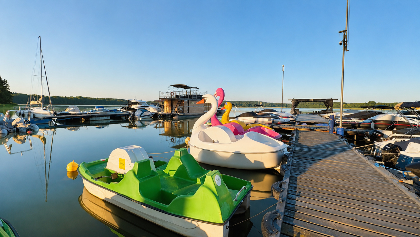 Ruhige Seenmarina mit bunten Schwan-Tretbooten, grünem Pedalo, Holzsteg und angelegten Motorbooten im Morgenlicht