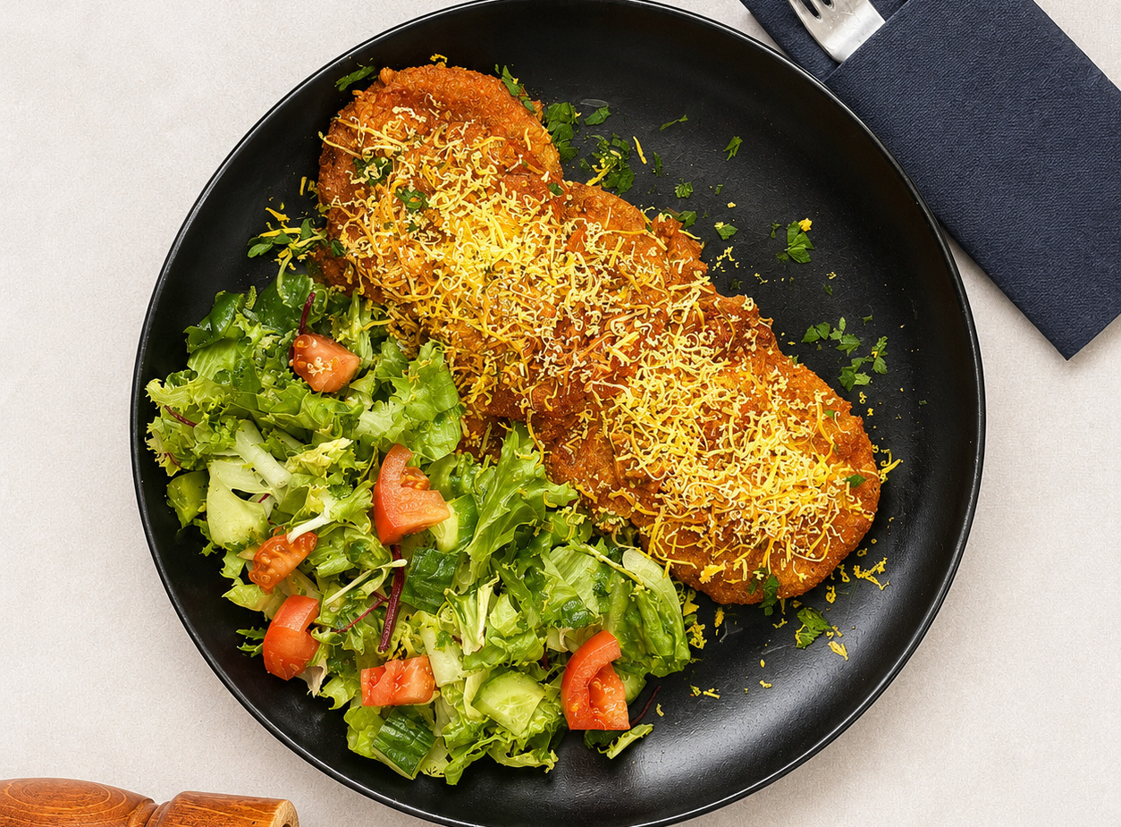 Crispy breaded cutlets topped with grated cheese, served with mixed green salad, tomatoes and cucumber on a black plate, cutlery in a navy napkin