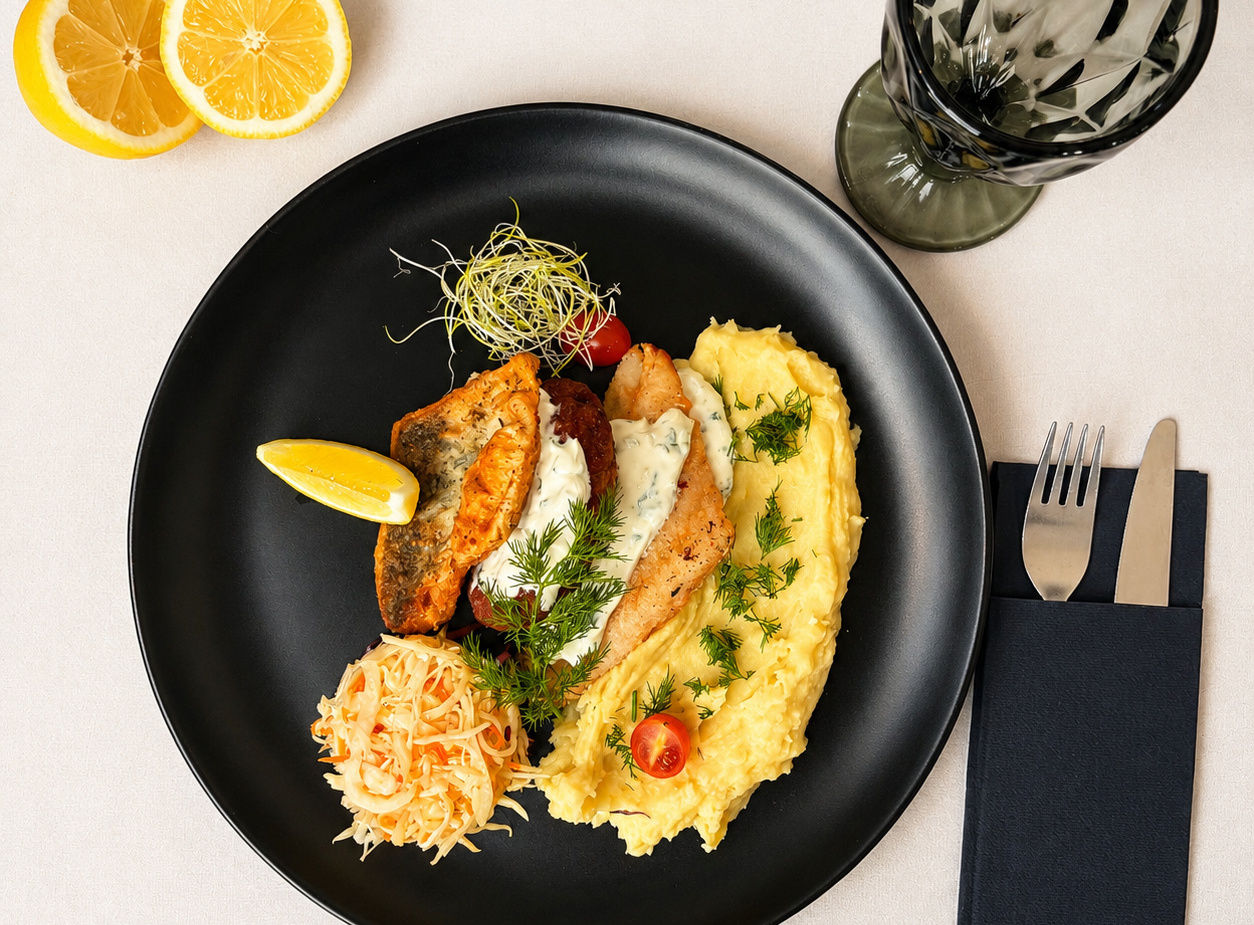 Pan-seared fish with herb cream, dill mashed potatoes, coleslaw and lemon wedge on a black plate with glass and cutlery.