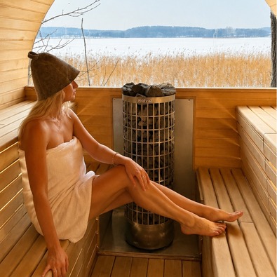 Holzsauna am See, Gast im Handtuch und Saunahut entspannt am Harvia-Ofen, bogenförmiges Fenster mit Blick auf zugefrorenen See und Schilf
