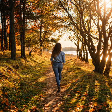 Gast geht auf einem seeufernahen Waldweg bei Sonnenuntergang, herbstliches Laub und warmes goldenes Licht