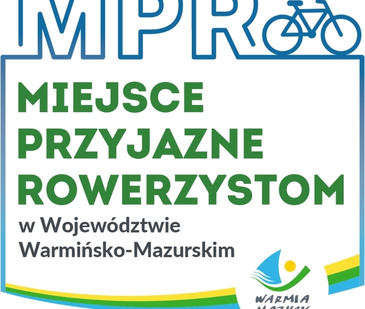 Miejsce przyjazne rowerzystom w Województwie Warmińsko-Mazurskim - odznaka z ikoną roweru i logo Warmia Mazury