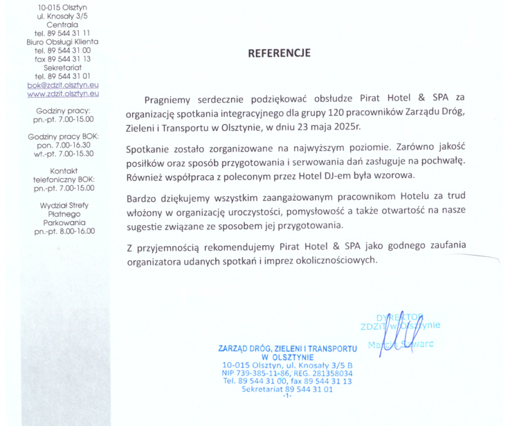 Reference letter from Olsztyn transport authority praising Pirat Hotel & SPA for organizing a 120-person staff event, dated 22.07.2025.