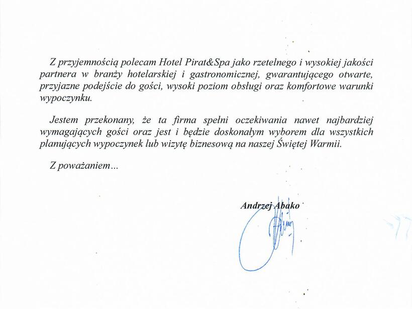 Official letterhead from the Starosta Olsztyński recommending Hotel Pirat&Spa, dated 29 July 2025, with signature and crest.