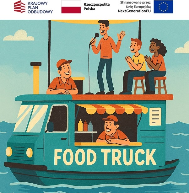 Floating food‑truck boat with smiling vendor, rooftop singer and two clapping guests, relaxed seaside atmosphere