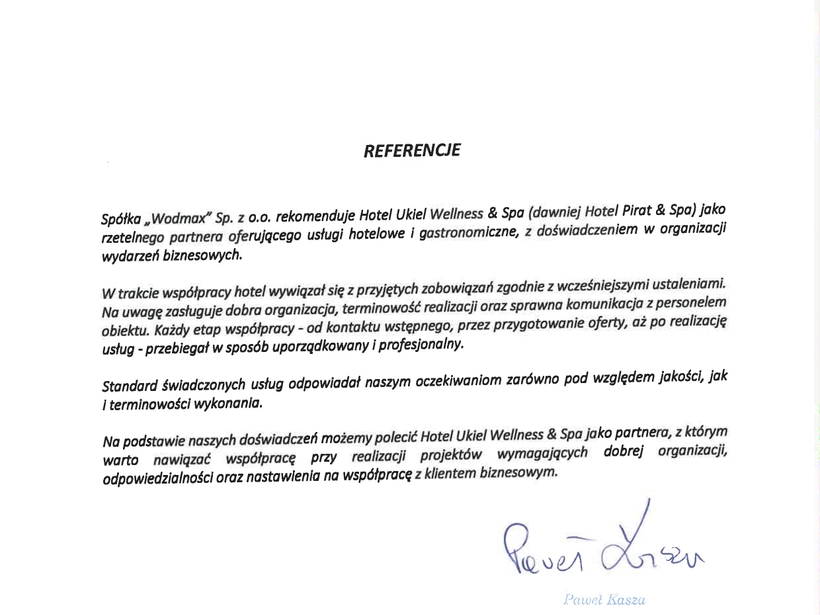 Reference letter from Wodmax recommending Hotel Ukiel Wellness & Spa, company logo and signature.