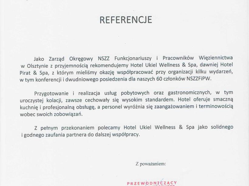 Recommendation letter from regional NSZZ board endorsing Hotel Ukiel Wellness & Spa, dated Olsztyn 23 July 2025, stamped and signed.
