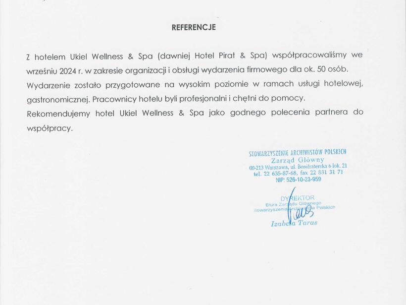 Official reference letter recommending Ukiel Wellness & Spa, dated 25 July 2025, with blue stamp and signature