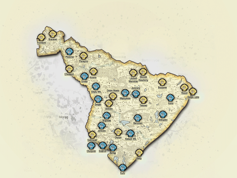 Vintage-style map of a coastal region with labeled Polish towns and blue/yellow shell markers indicating hotels and attractions