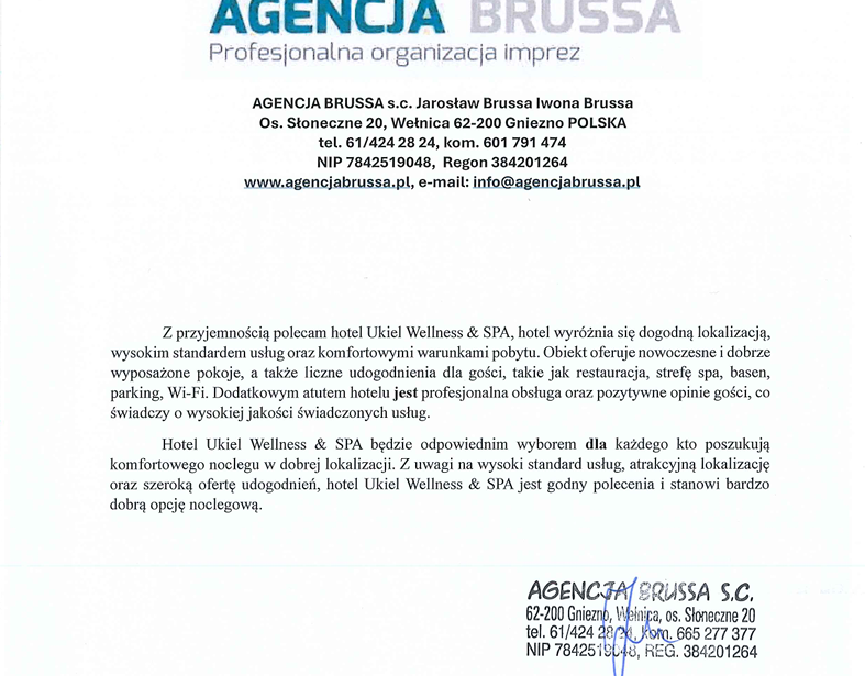 Letterhead from Agencja Brussa recommending Hotel Ukiel Wellness & SPA, lists spa, pool, restaurant, Wi‑Fi, parking; agency contact and stamp.