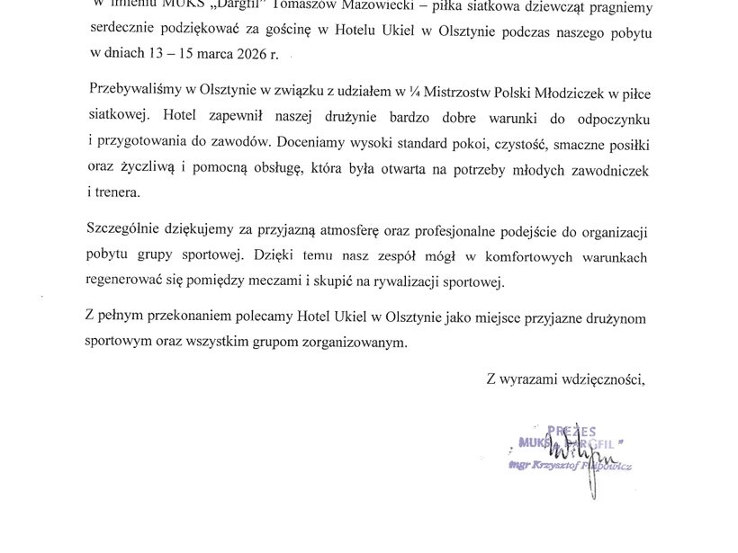 Recommendation letter from youth volleyball club “Dargfil” with stamps and signature, thanking Hotel Ukiel for rooms, meals and service.