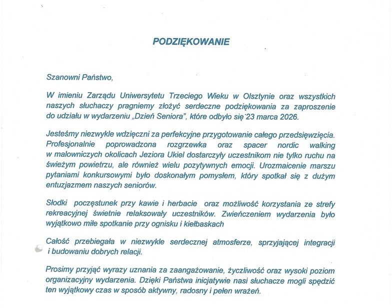 Thank-you letter to Hotel Ukiel in Olsztyn for organizing a Senior Day: lakeside walk, refreshments, recreational area and bonfire.