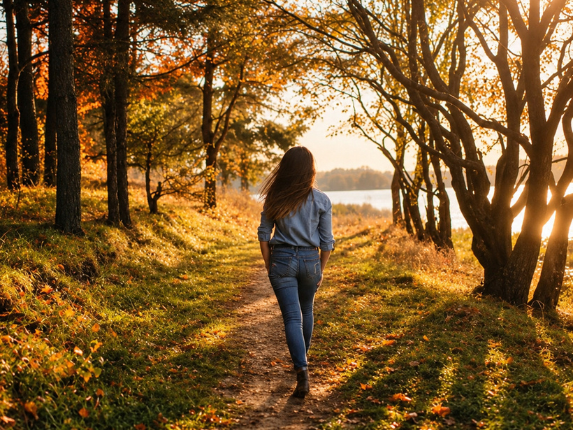 Gast geht auf einem seeufernahen Waldweg bei Sonnenuntergang, herbstliches Laub und warmes goldenes Licht