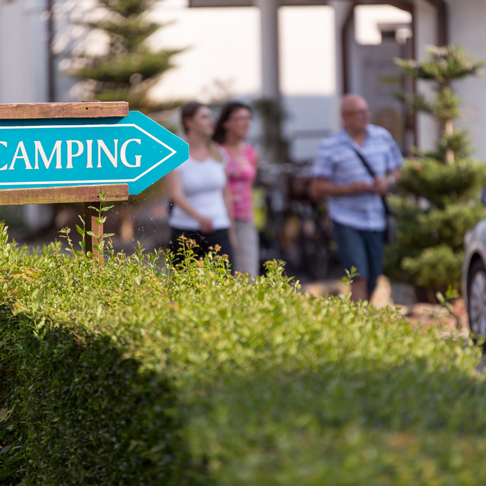Turquoise wooden camping sign with tent and caravan icons pointing toward campsite, hedges and blurred guests nearby