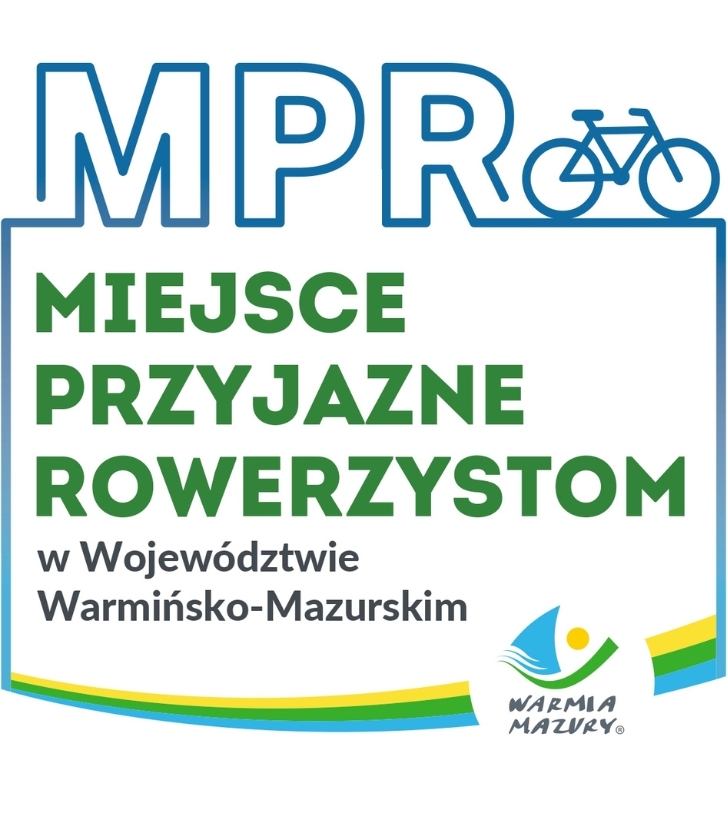 Miejsce przyjazne rowerzystom w Województwie Warmińsko-Mazurskim - odznaka z ikoną roweru i logo Warmia Mazury