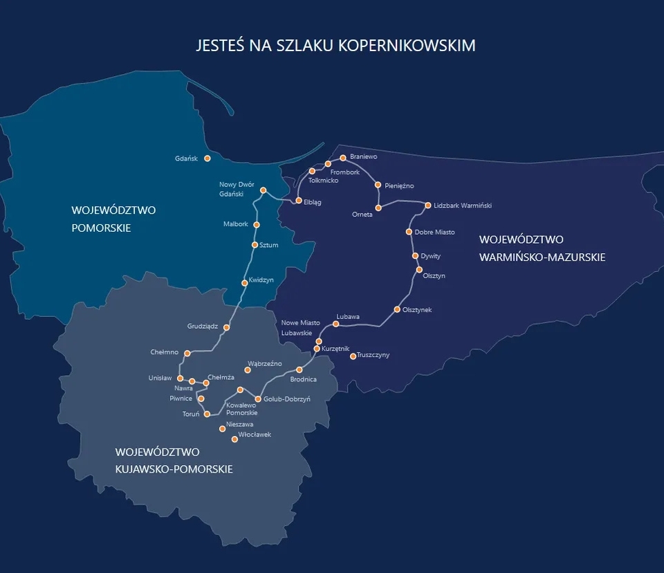 Map of the Copernicus Trail showing regional borders (Pomorskie, Kuyavian-Pomeranian, Warmian-Masurian) with the route and marked towns
