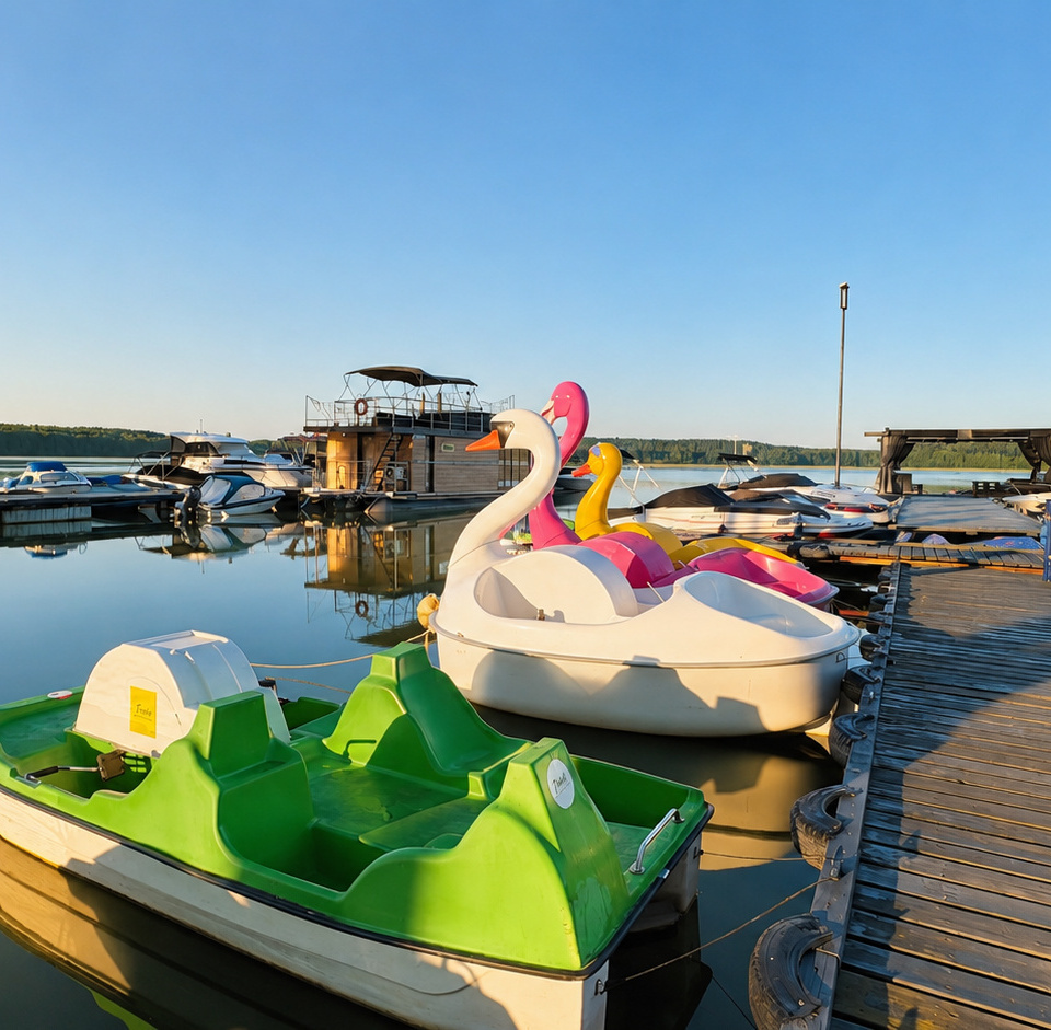 Calm lakeside marina with colorful swan and green pedal boats, wooden dock and moored motorboats in soft morning light