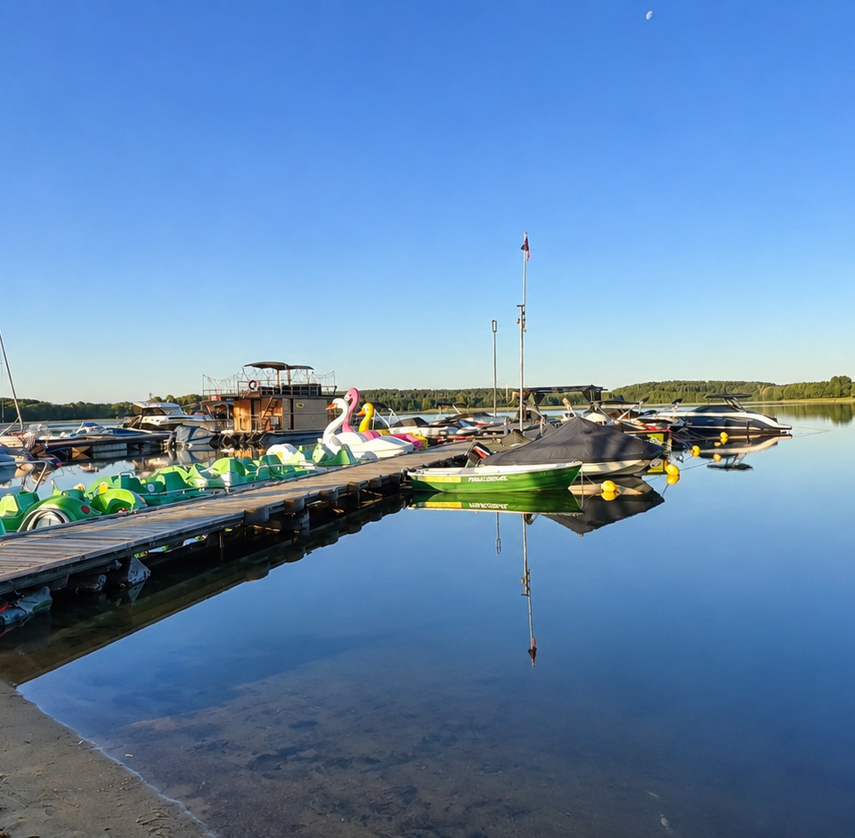Lakeside resort marina with colorful pedalboats and swan inflatables along a wooden dock, calm water and sandy shoreline
