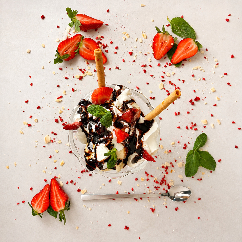 Eisdessert im Glas mit Vanilleeis, Sahne, Schokosauce, Erdbeeren, Minze und knusprigen Waffelröllchen.