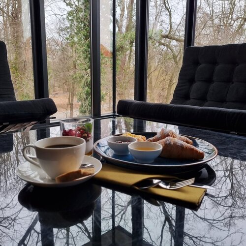 유리 테이블 위 아침 식사: 커피, 크루아상, 잼과 베리 요거트가 놓인 숲 전망의 통유리창이 있는 아늑한 라운지