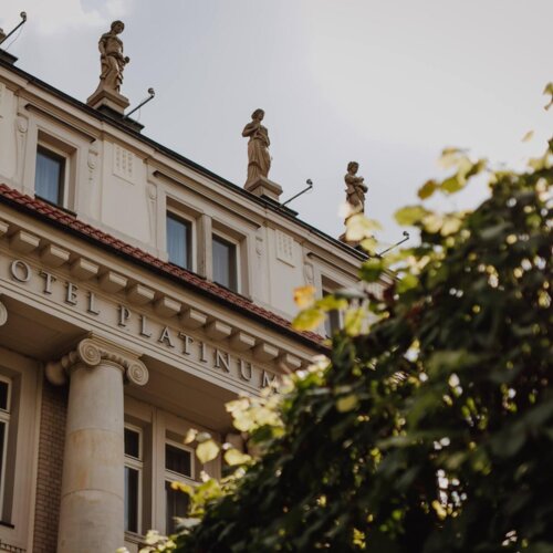 Neoklasycystyczna fasada hotelu z wysokimi kolumnami, rzeźbami na dachu i zielonym wejściem, ciepłe światło na Hotel Platinum