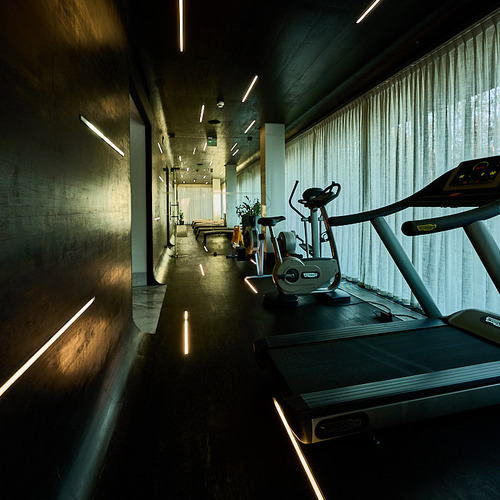 현대적 호텔 헬스룸, 러닝머신과 실내자전거가 바닥~천장 커튼 옆에 배치된 어두운 목재 인테리어와 선형 조명.