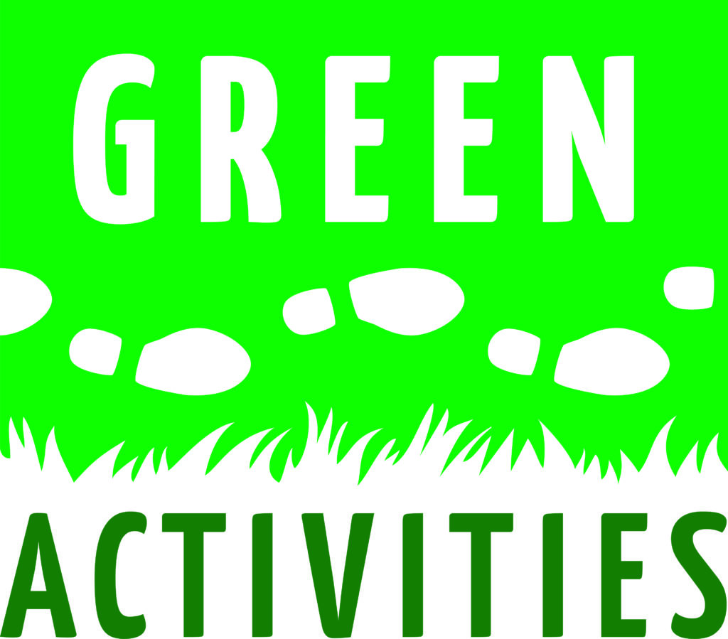 Bright green graphic with white footprints, grass silhouette and bold text 'GREEN ACTIVITIES'.