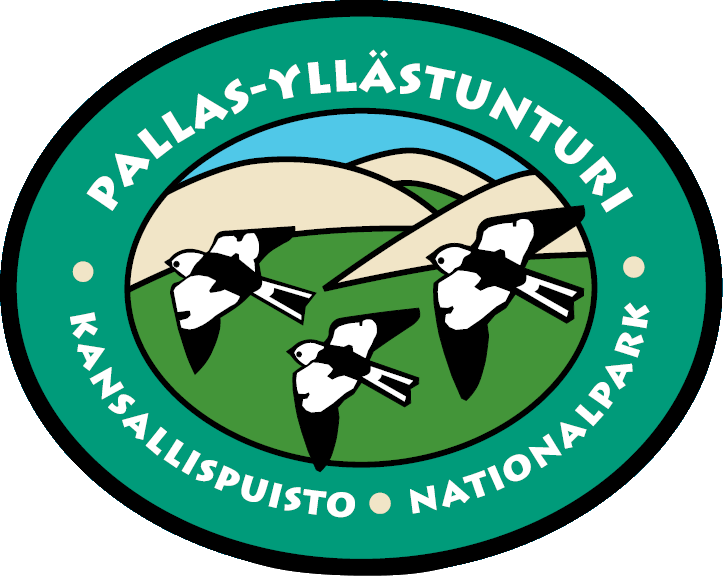 Green oval logo showing three stylized black-and-white birds flying over rolling hills and the text 'Pallas‑Yllästunturi National Park'.
