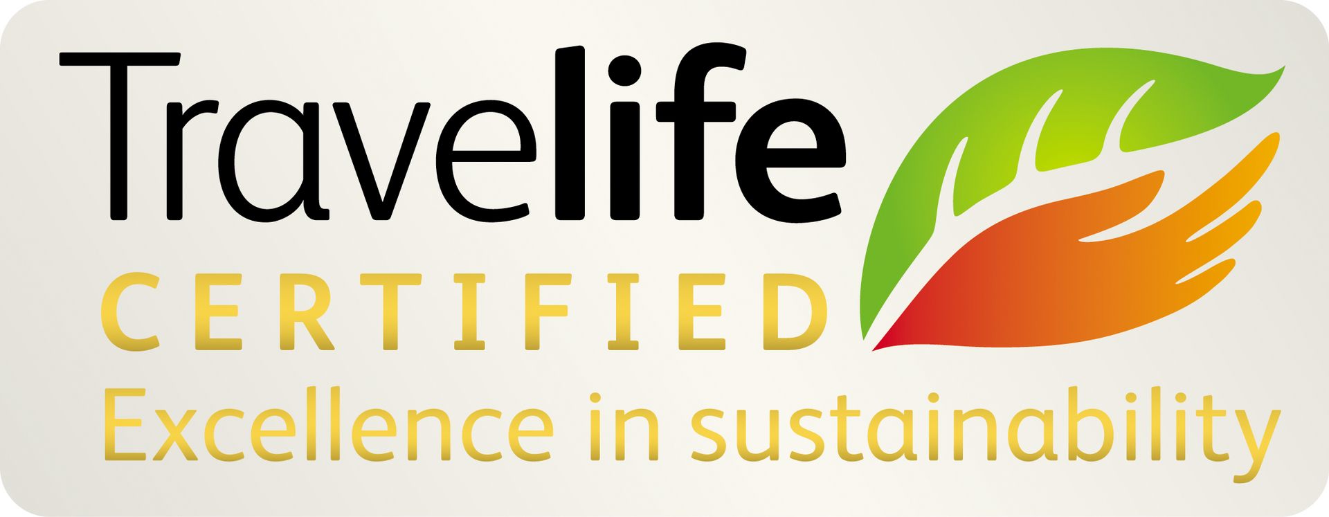 Travelife Certified badge with green-orange leaf icon and gold text 'Certified - Excellence in sustainability' for sustainable hotels