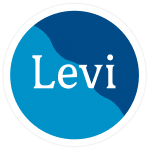 Circular blue logo with 'Levi' in white over two-tone abstract wave and hill shapes
