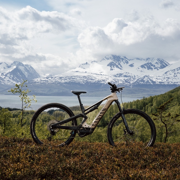 Mountain bike parked on a heath overlooking a lake and snow‑capped mountains beneath a dramatic cloudy sky