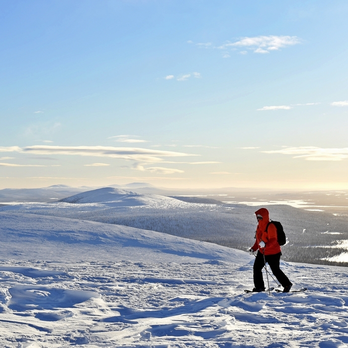Skier in red jacket with backpack and poles traverses a sunlit snowy ridge, wide mountain and valley views