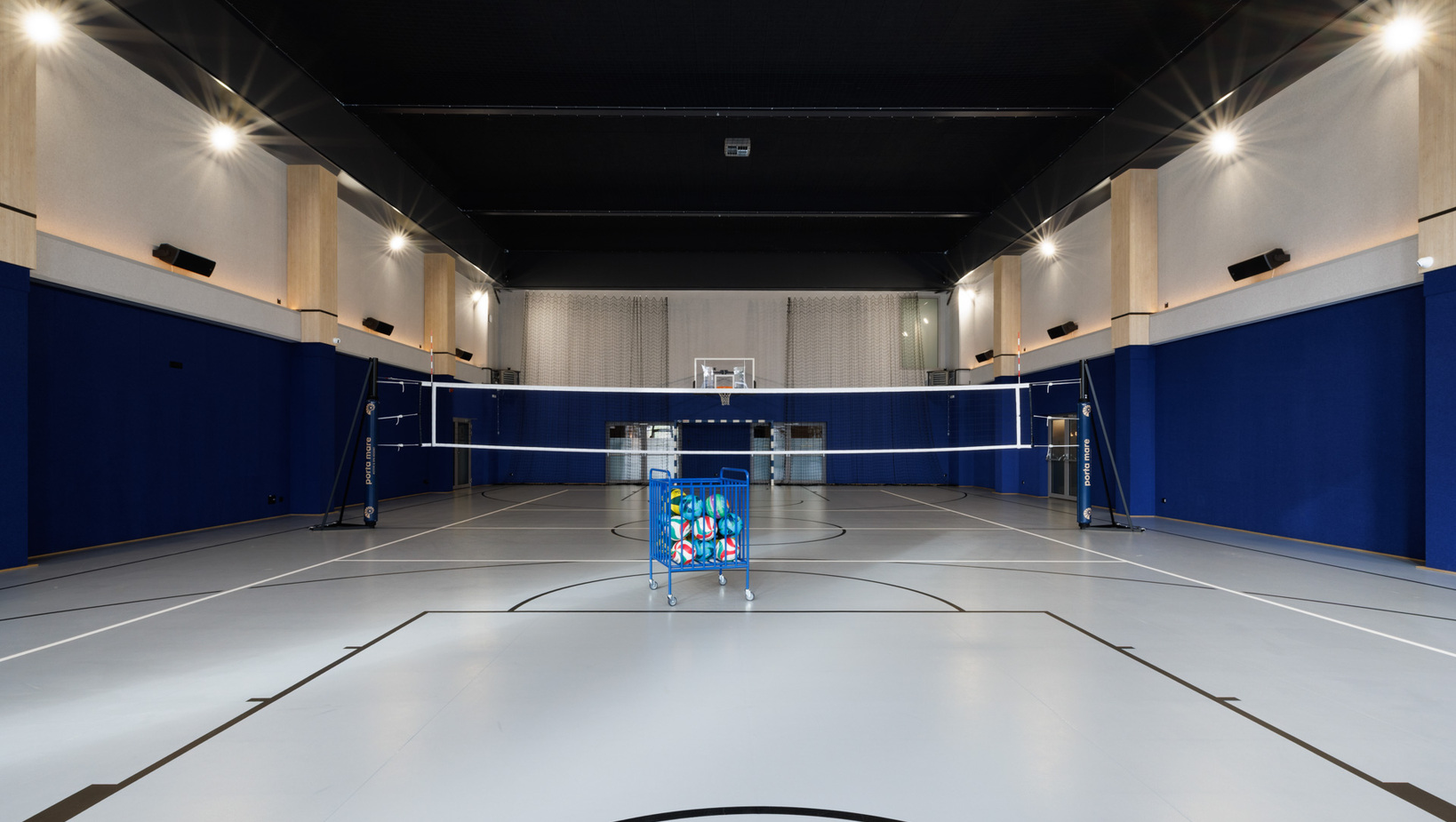 Indoor sports hall with volleyball net, basketball hoop and cart of colorful balls; high ceiling and blue padded walls