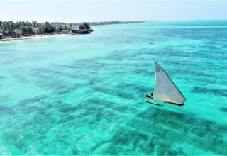 Traditional sailboat glides over clear turquoise waters near a palm-lined tropical beach with oceanfront bungalows