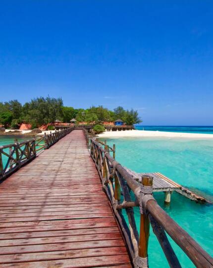 Wooden pier leading to a lush island resort with turquoise waters and white sandy beach under clear blue sky