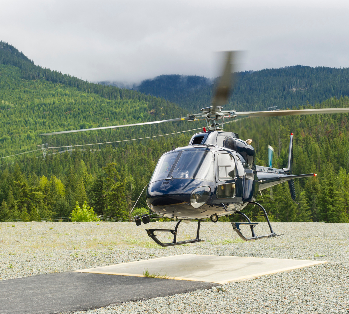 Schwarzer Hubschrauber hebt von Landeplatz vor nebligen, bewaldeten Bergen ab — malerischer Hoteltransfer