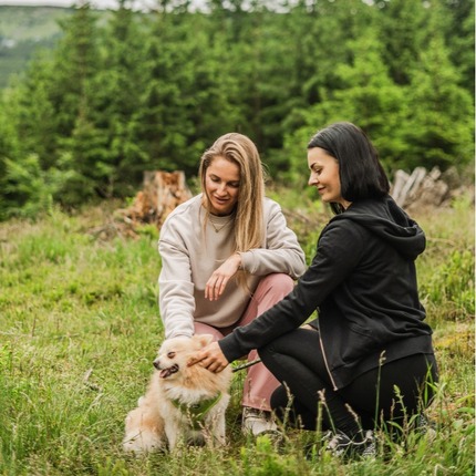 Two guests kneeling in a grassy meadow by a pine forest, smiling as they pet a small fluffy dog on a nature walk.