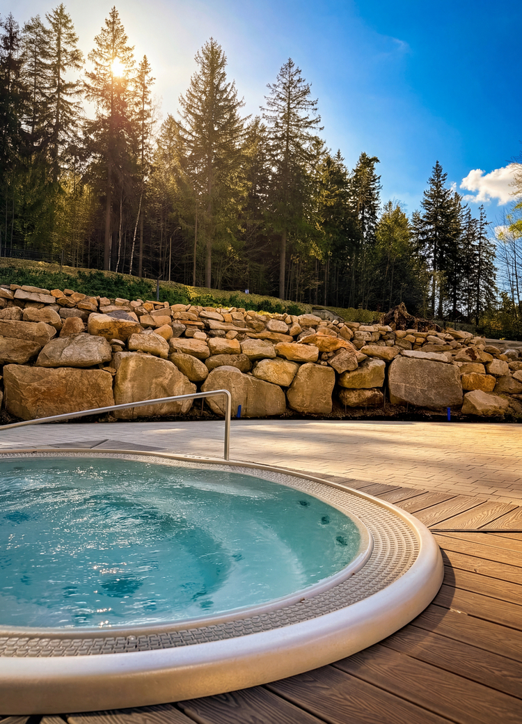 Utomhusbubbelpool på trädäck, bubblande vatten, stenmur och solbelyst barrskog i bakgrunden
