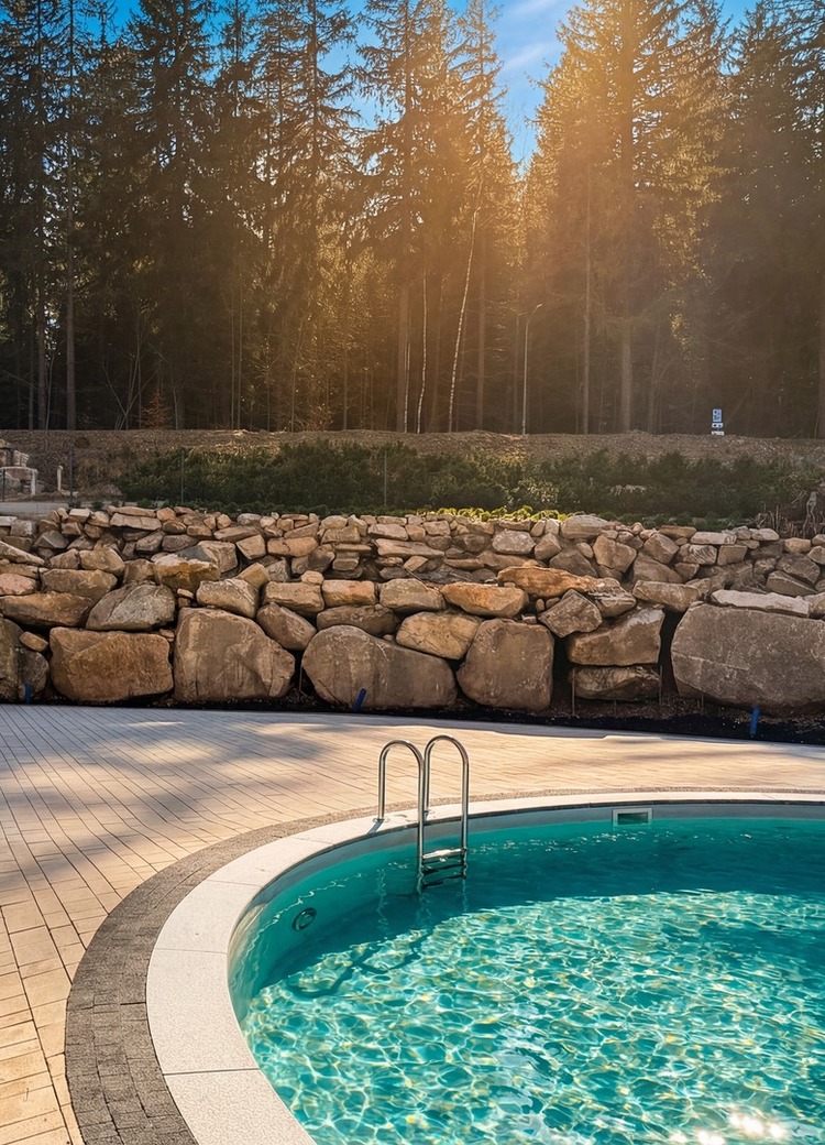 Otwarty okrągły basen z drabinką i sąsiednim wpuszczonym jacuzzi przy drewnianym tarasie hotelu i skalnym murze na tle lasu.