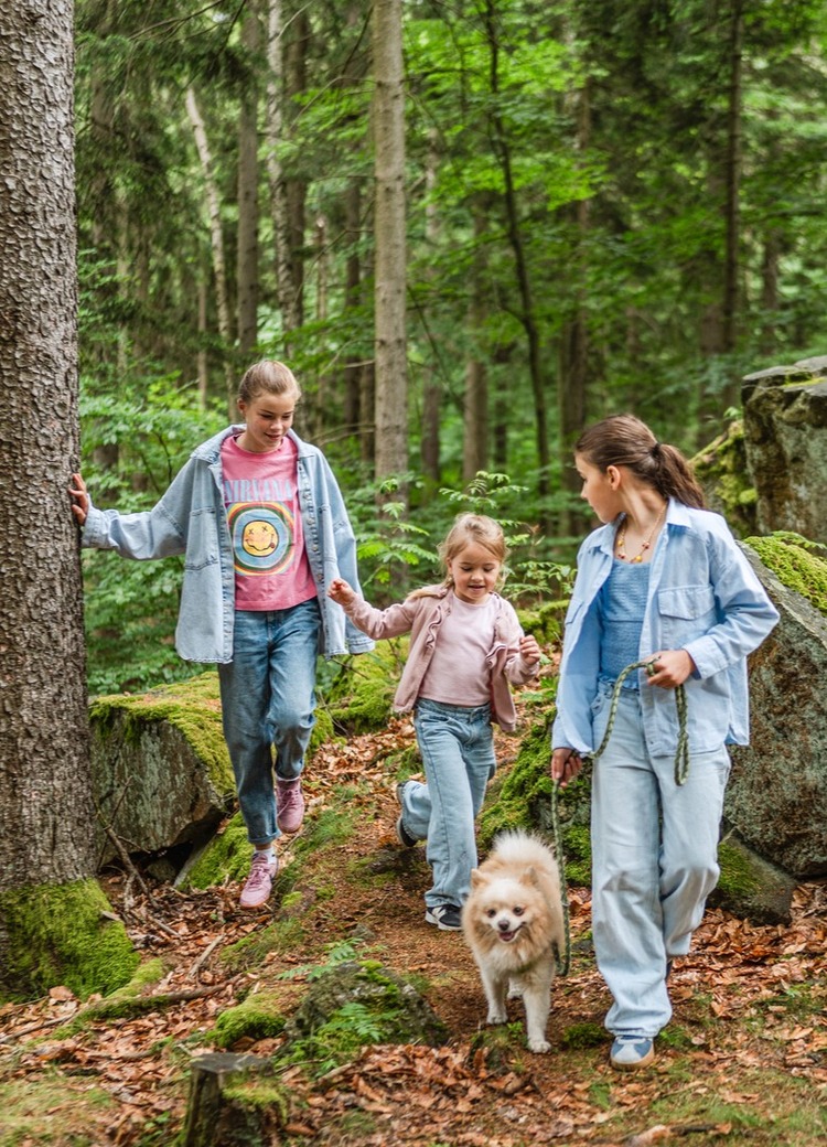Three girls walking a small fluffy dog along a mossy forest trail, rocks and tall trees surrounding them