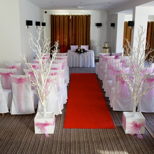 Hotel ceremony room with red aisle runner, white chairs tied with pink bows, floral table and white branch centerpieces.