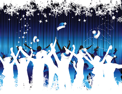 Hotel holiday party: silhouetted guests dancing and tossing winter hats beneath blue stage lights and star confetti