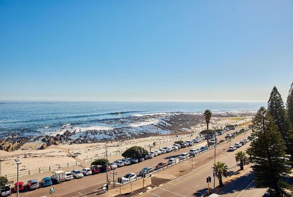 Riviera Suite view of rocky shoreline and sandy beach, palm-lined seaside road with parked cars and clear blue sky