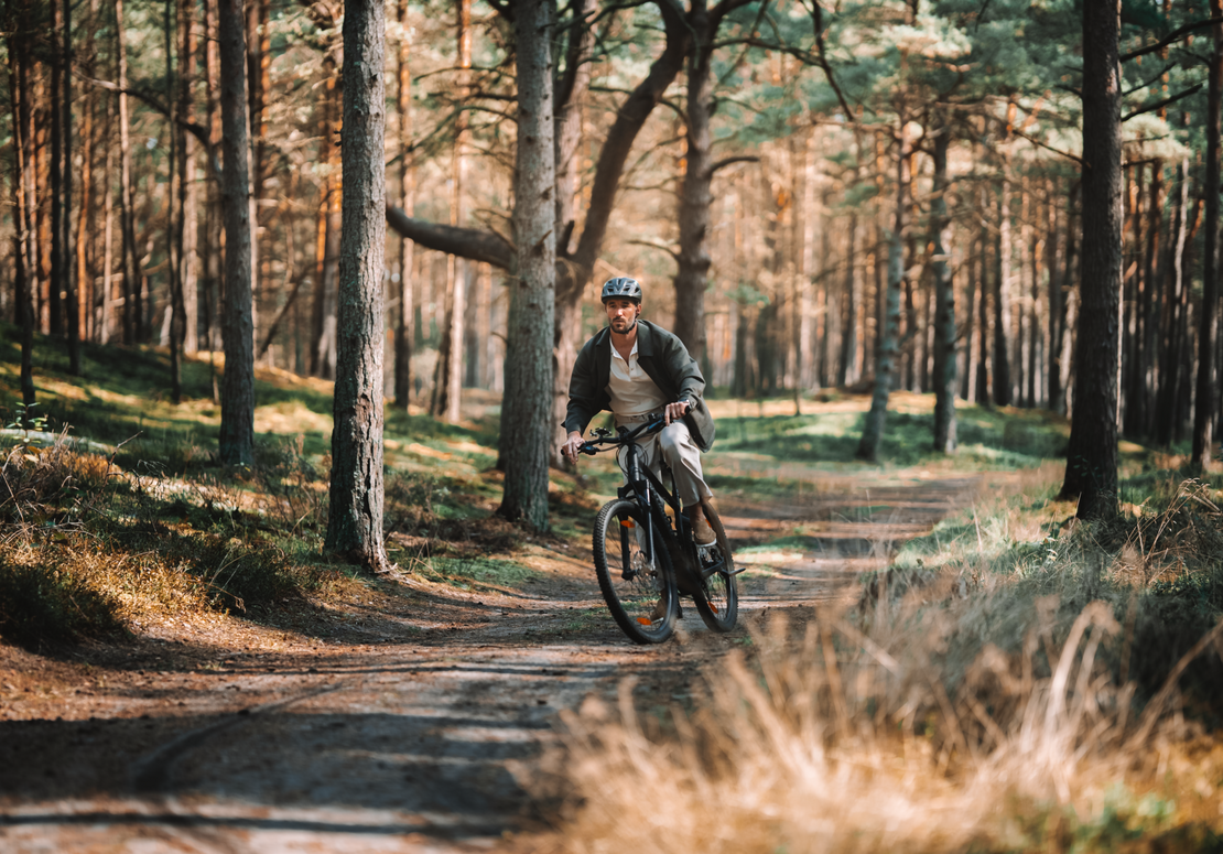 Gast auf Mountainbike fährt einen sonnenbeschienenen Pfad durch Kiefernwald, trägt Helm und Freizeitkleidung