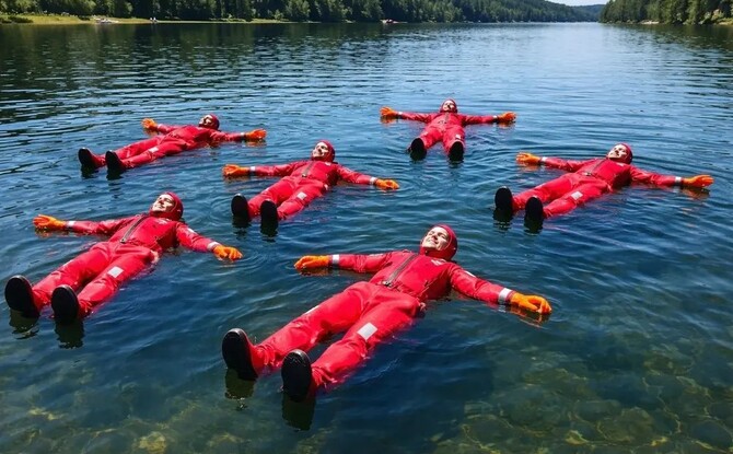 Six people floating in red flotation suits with orange gloves on a clear, forest-fringed lake.