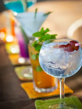 Assorted colorful cocktails served on a bar with fresh garnishes, creating a vibrant and inviting atmosphere for hotel guests.